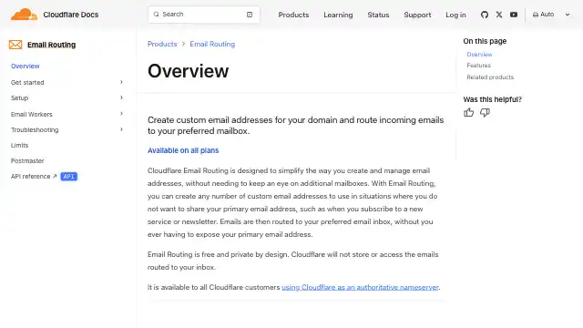 Screenshot of https://developers.cloudflare.com/email-routing