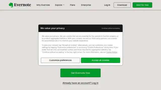 Screenshot of https://evernote.com/