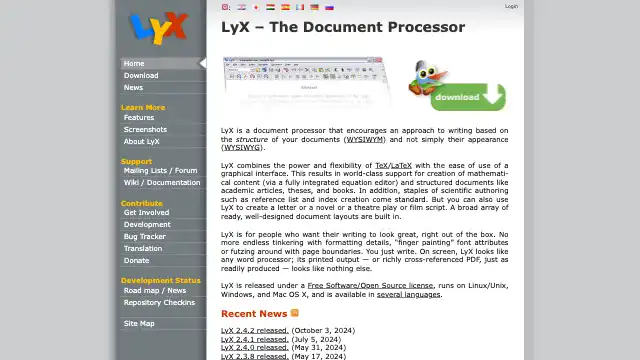 Screenshot of https://www.lyx.org/