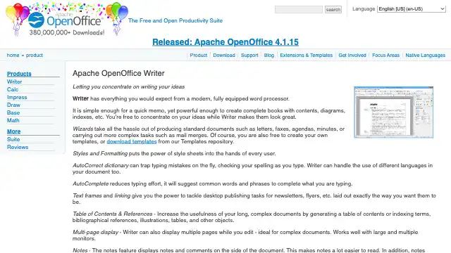 Screenshot of https://www.openoffice.org/product/writer.html