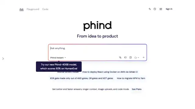 Screenshot of https://www.phind.com/